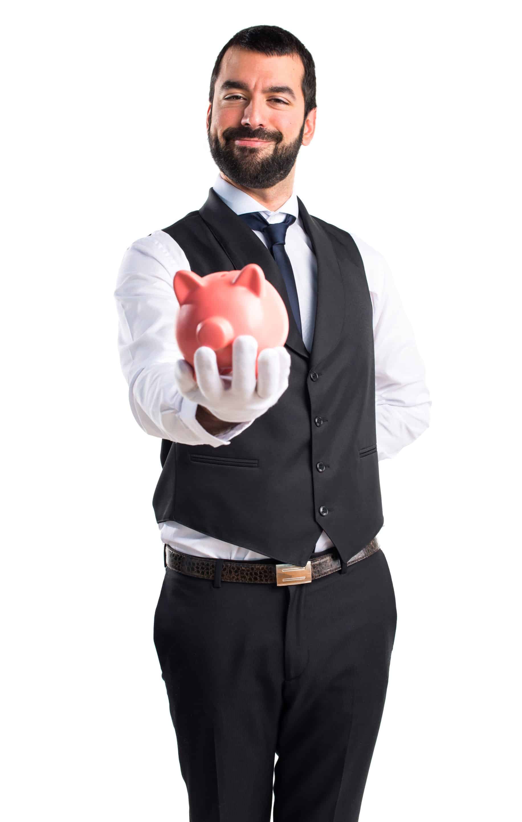 Luxury waiter holding a piggybank